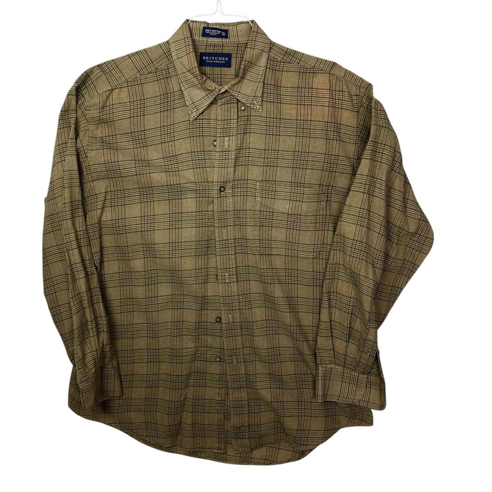 Britches Great Outdoors Mens Shirt Sz XL Brown Plaid Buttons Cotton Long Sleeve